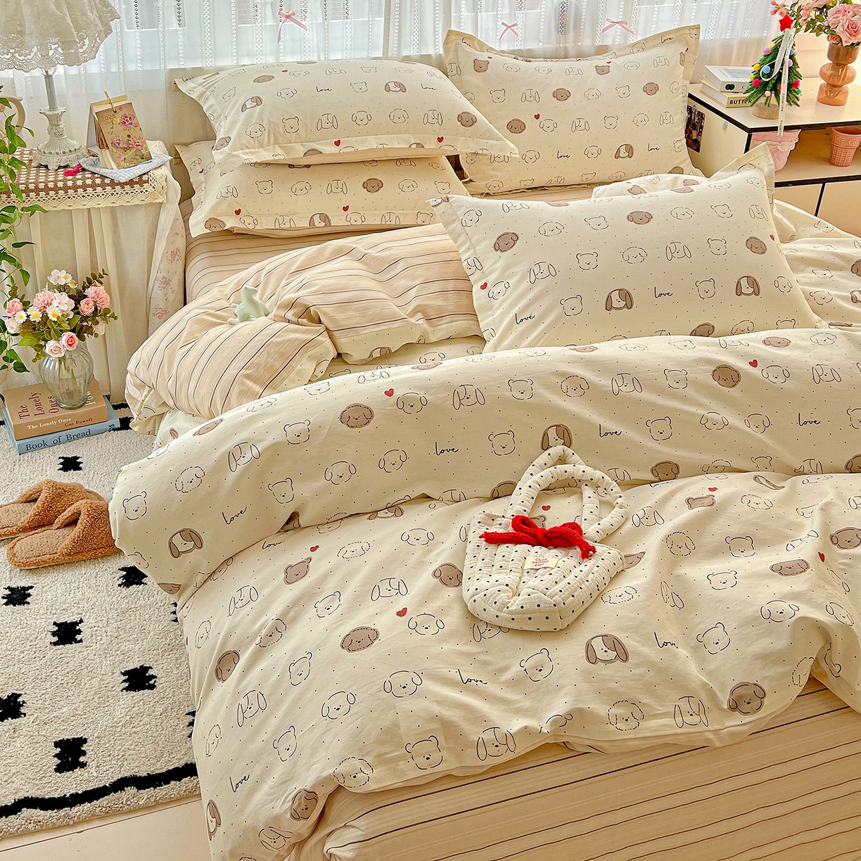 91家纺网 家纺一手货源 找家纺 依庭2025春夏新款12868全棉纯棉四件套 柴犬日出