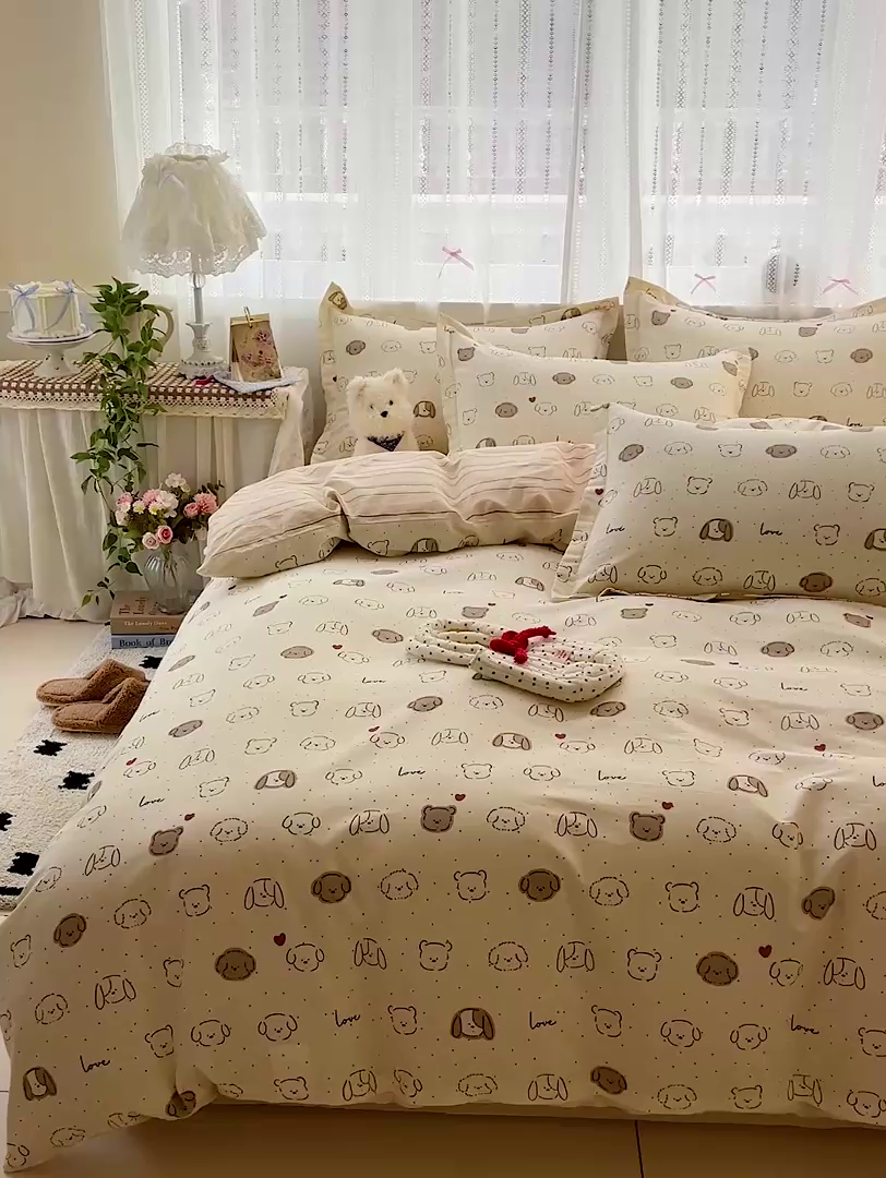 91家纺网 家纺一手货源 找家纺 依庭2025春夏新款12868全棉纯棉四件套 柴犬日出