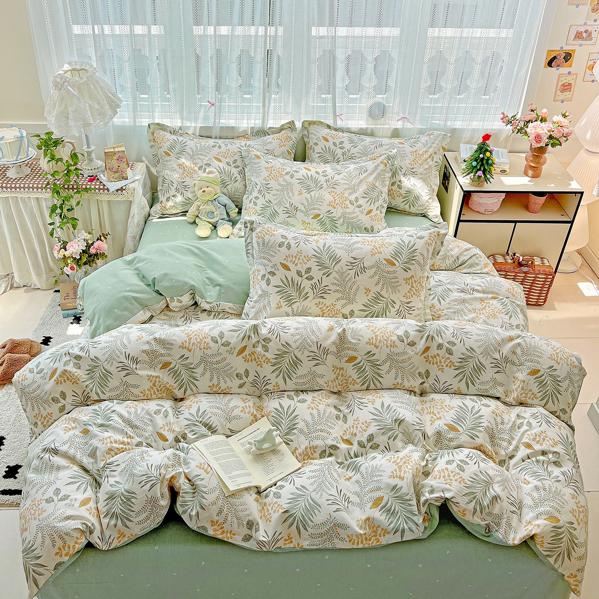 91家纺网 家纺一手货源 找家纺 依庭2025春夏新款12868全棉纯棉四件套 花影轻颜-绿