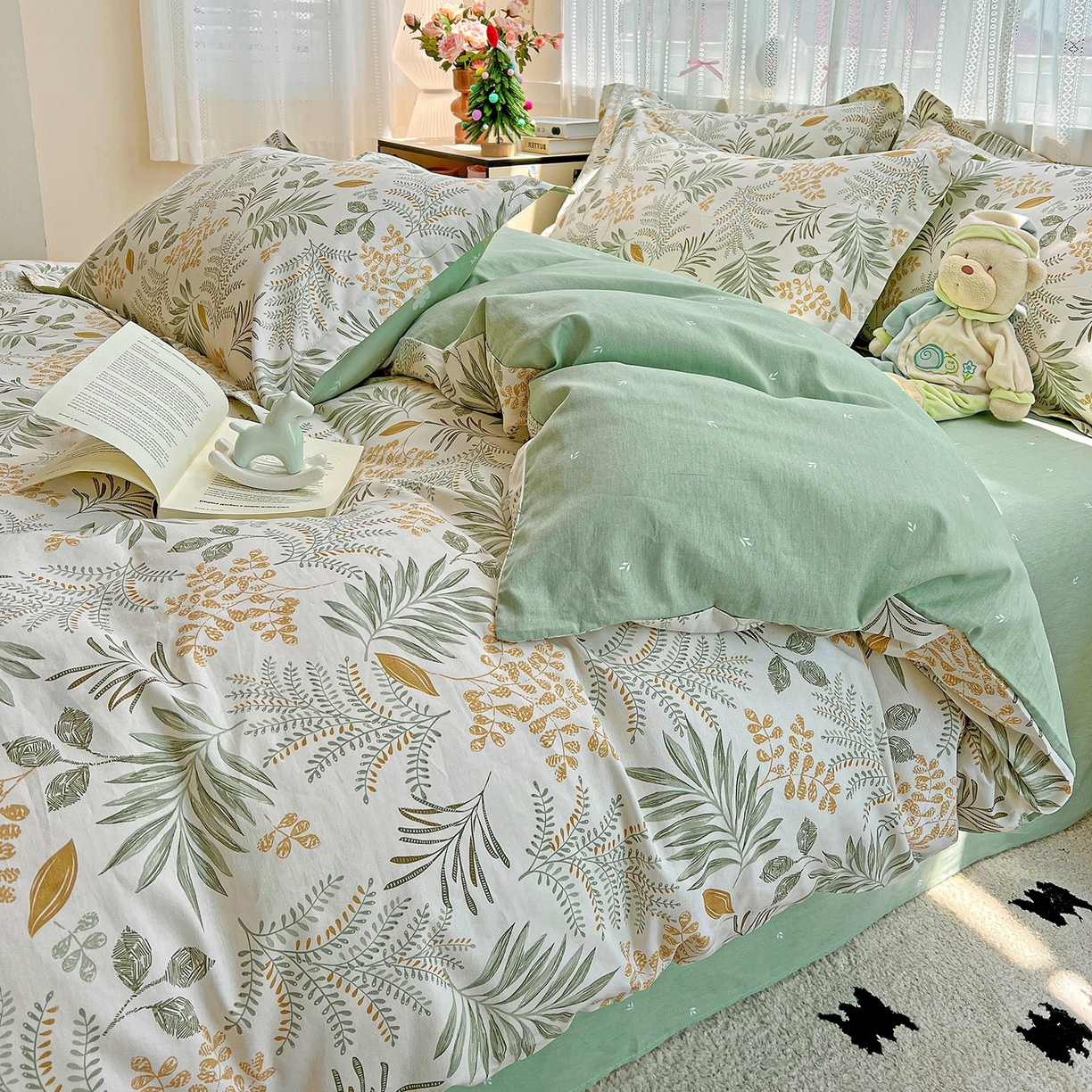 91家纺网 家纺一手货源 找家纺 依庭2025春夏新款12868全棉纯棉四件套 花影轻颜-绿