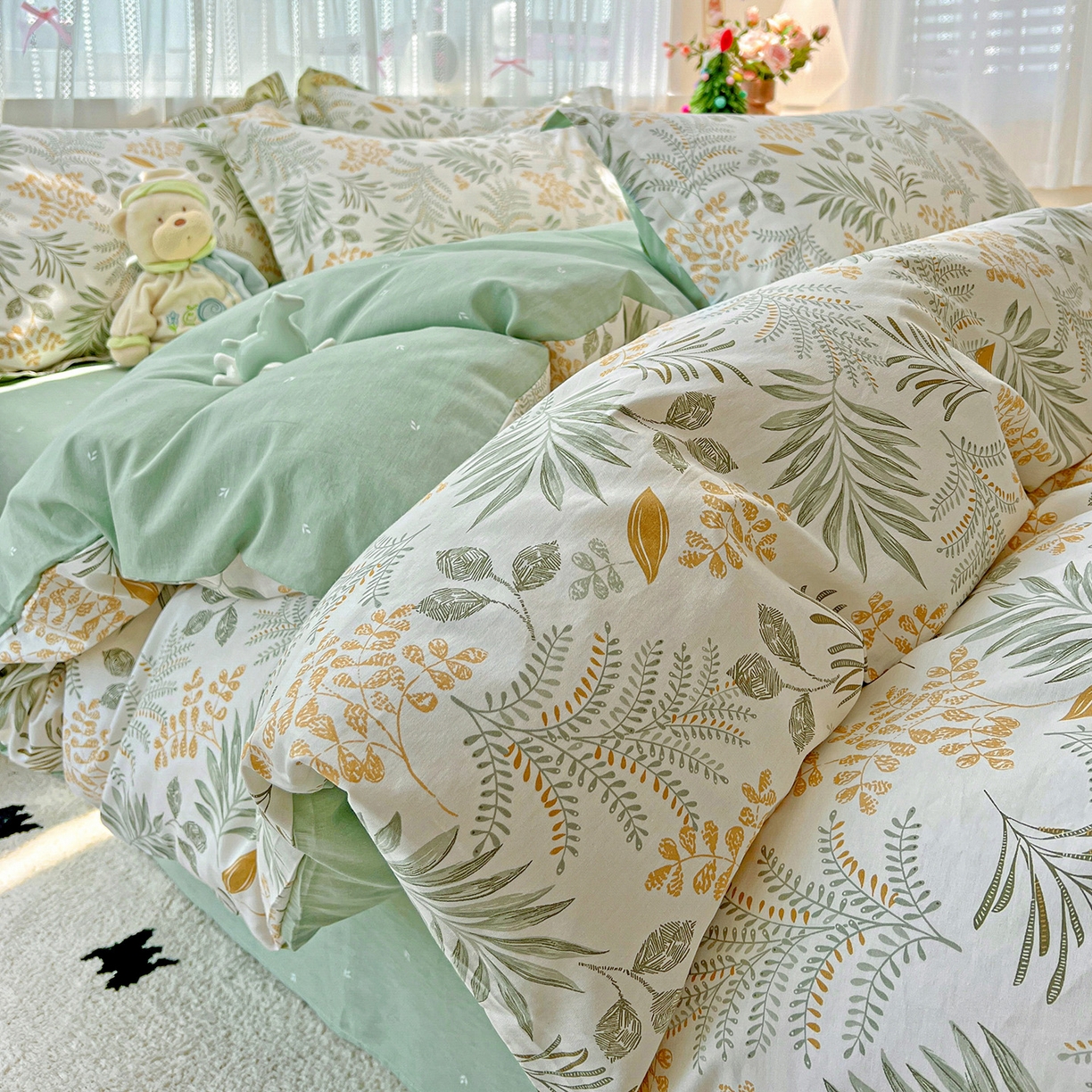 91家纺网 家纺一手货源 找家纺 依庭2025春夏新款12868全棉纯棉四件套 花影轻颜-绿