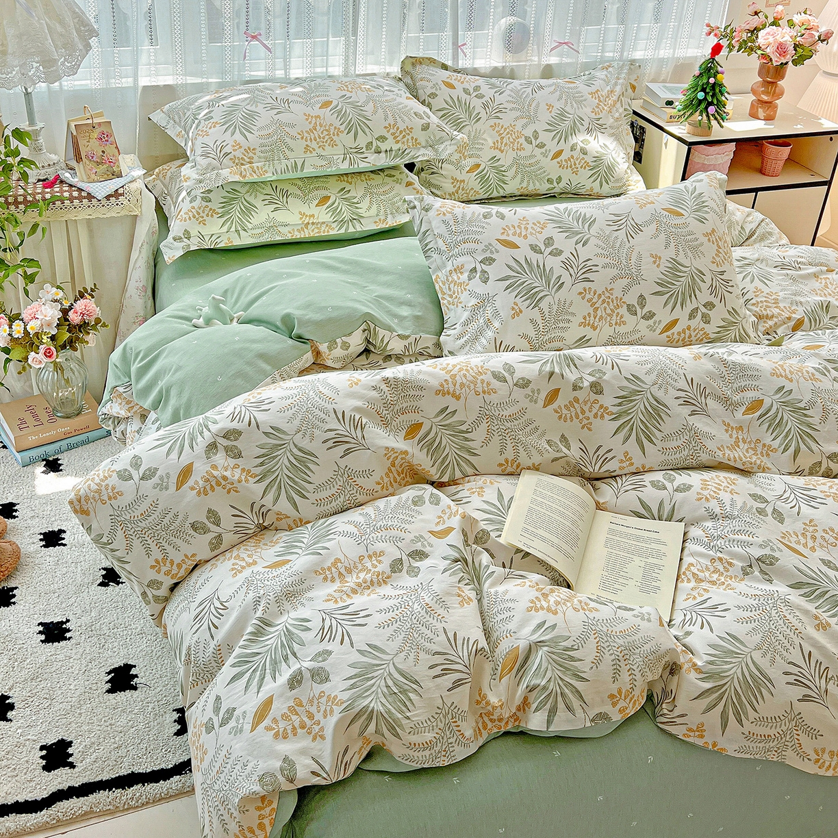 91家纺网 家纺一手货源 找家纺 依庭2025春夏新款12868全棉纯棉四件套 花影轻颜-绿