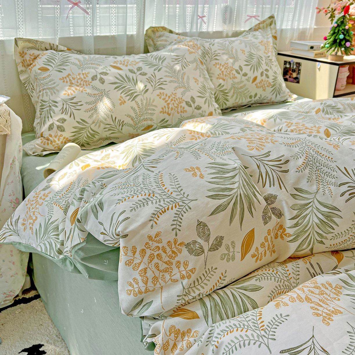 91家纺网 家纺一手货源 找家纺 依庭2025春夏新款12868全棉纯棉四件套 花影轻颜-绿