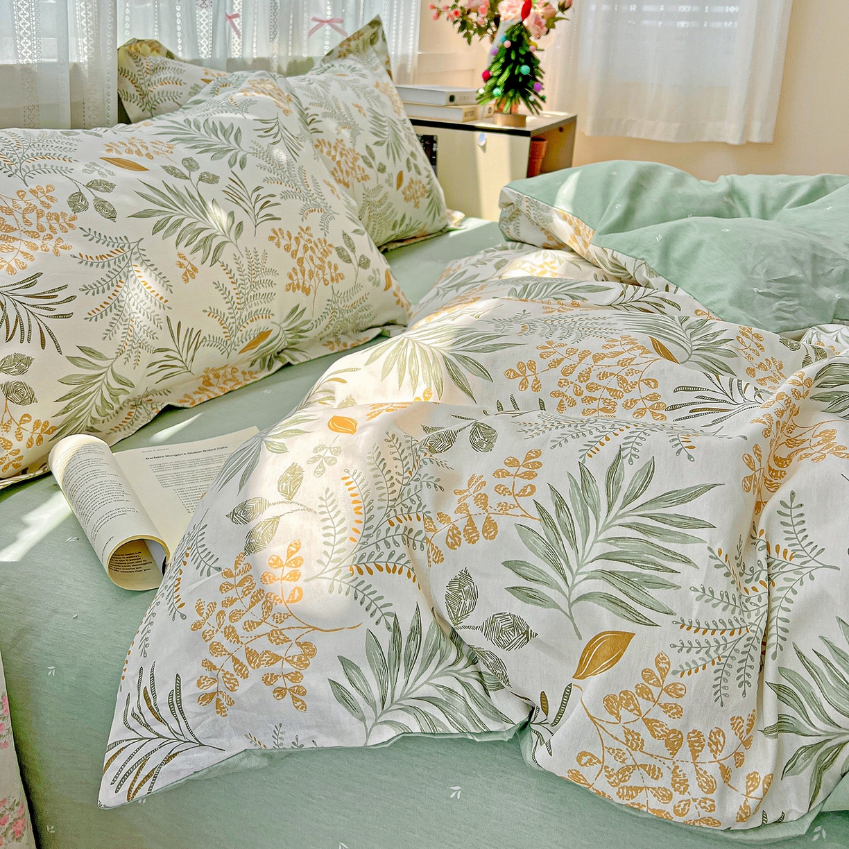 91家纺网 家纺一手货源 找家纺 依庭2025春夏新款12868全棉纯棉四件套 花影轻颜-绿