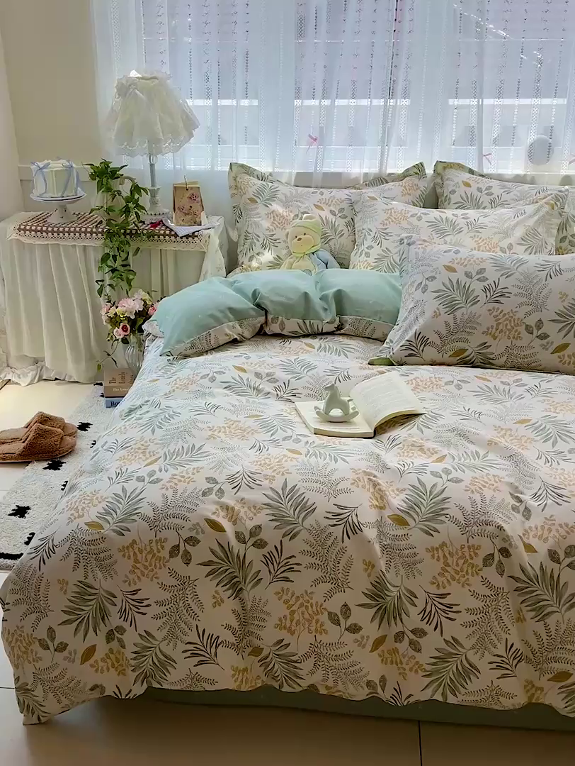 91家纺网 家纺一手货源 找家纺 依庭2025春夏新款12868全棉纯棉四件套 花影轻颜-绿