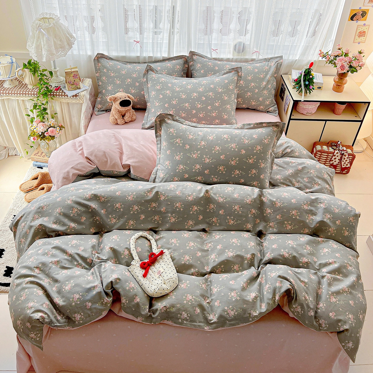 91家纺网 家纺一手货源 找家纺 依庭2025春夏新款12868全棉纯棉四件套 茉婉-灰