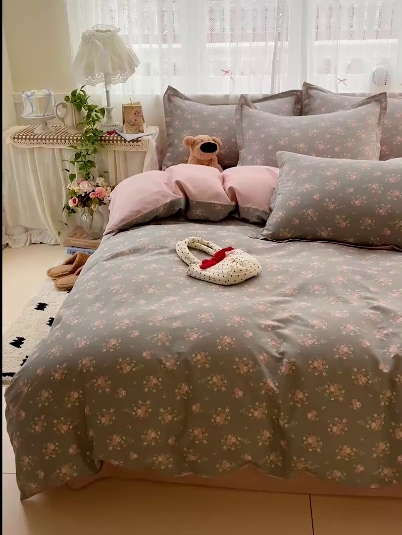 91家纺网 家纺一手货源 找家纺 依庭2025春夏新款12868全棉纯棉四件套 茉婉-灰