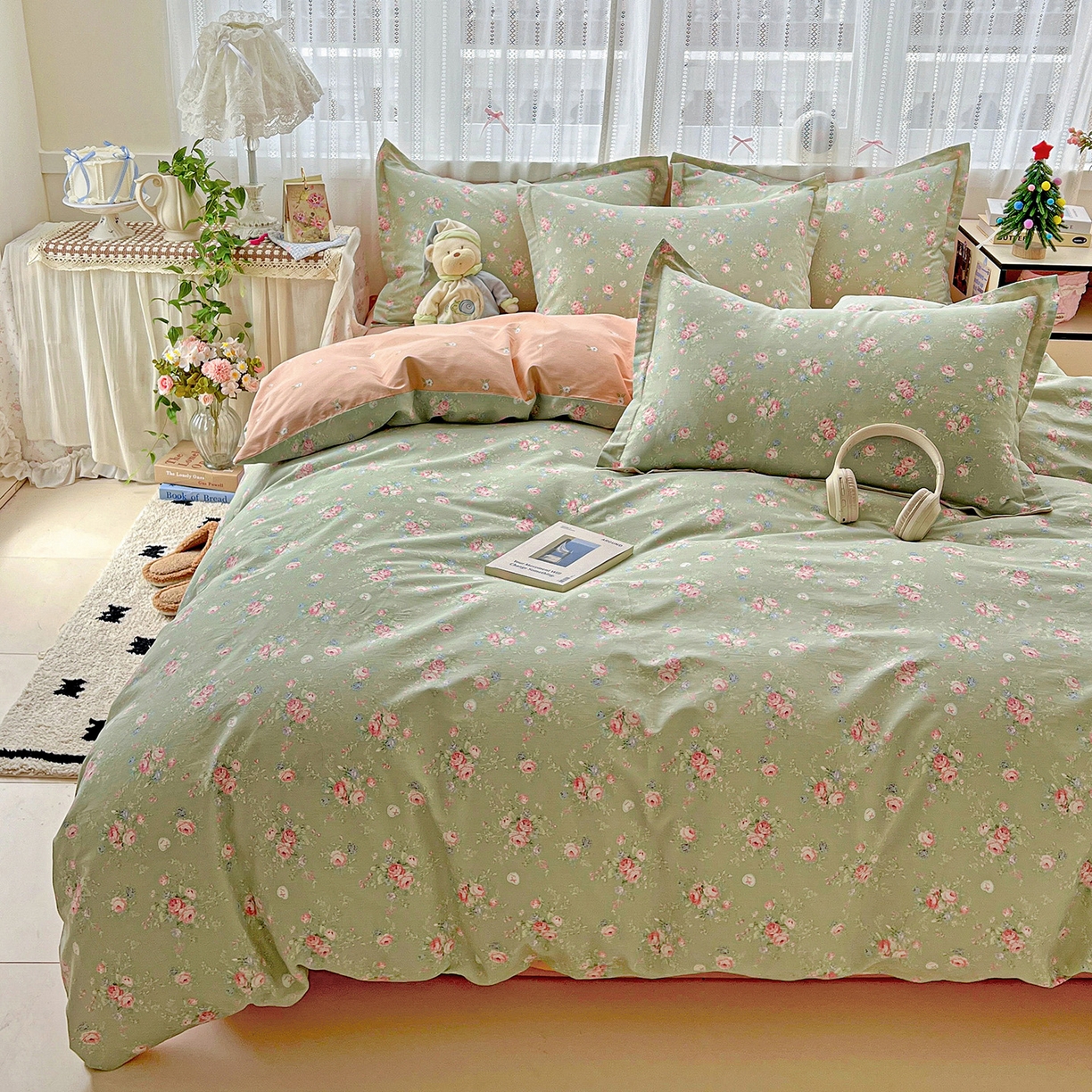 91家纺网 家纺一手货源 找家纺 依庭2025春夏新款12868全棉纯棉四件套 沐熙花-绿