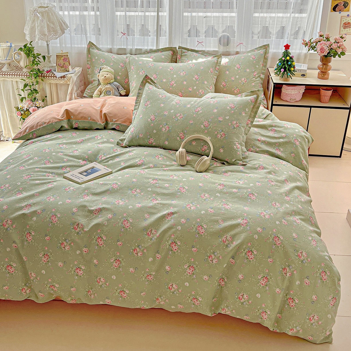 91家纺网 家纺一手货源 找家纺 依庭2025春夏新款12868全棉纯棉四件套 沐熙花-绿