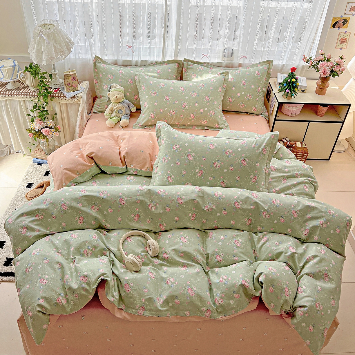 91家纺网 家纺一手货源 找家纺 依庭2025春夏新款12868全棉纯棉四件套 沐熙花-绿