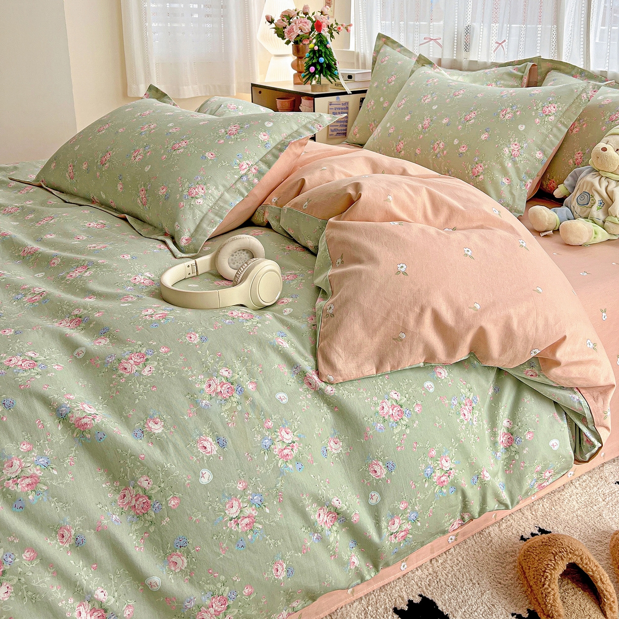 91家纺网 家纺一手货源 找家纺 依庭2025春夏新款12868全棉纯棉四件套 沐熙花-绿