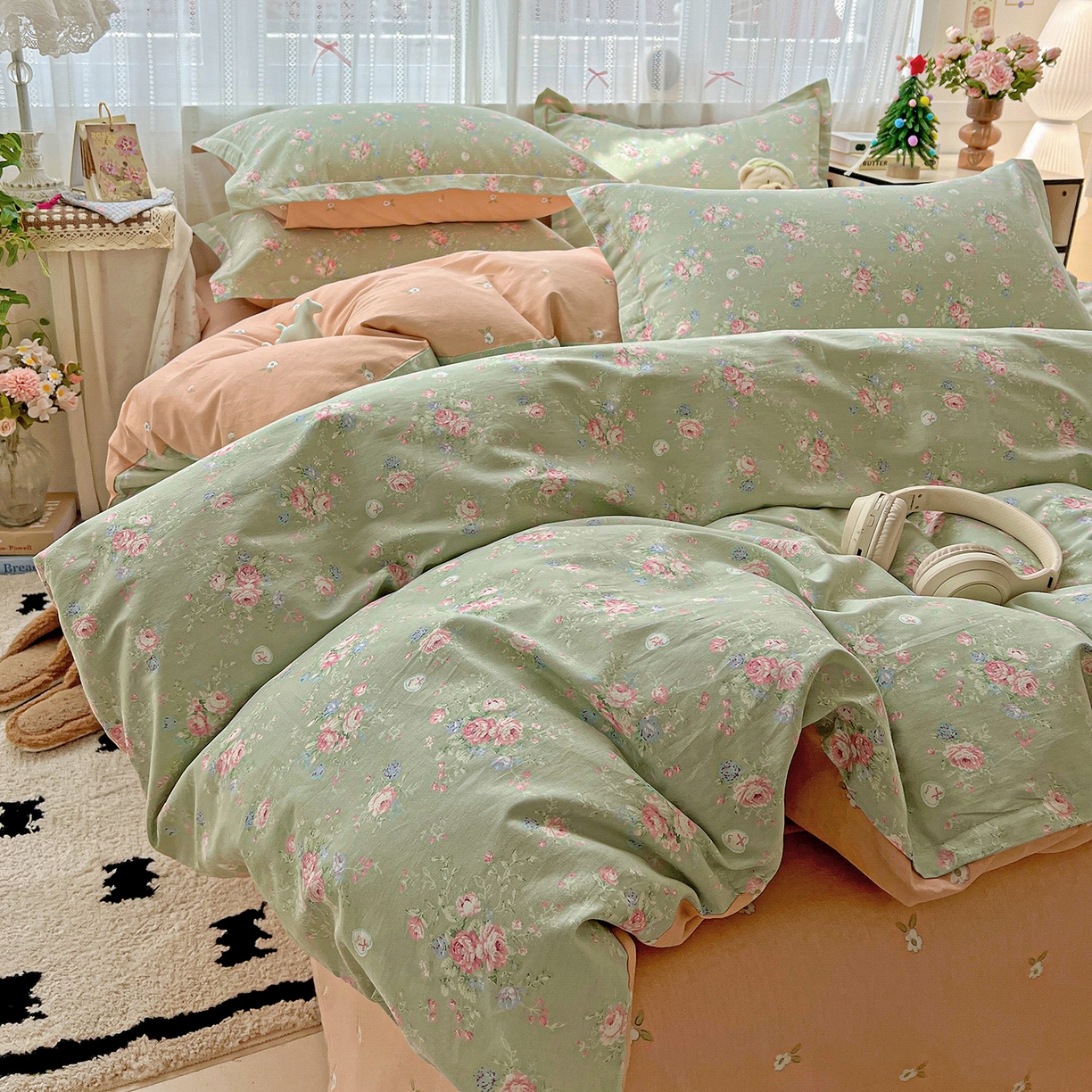 91家纺网 家纺一手货源 找家纺 依庭2025春夏新款12868全棉纯棉四件套 沐熙花-绿