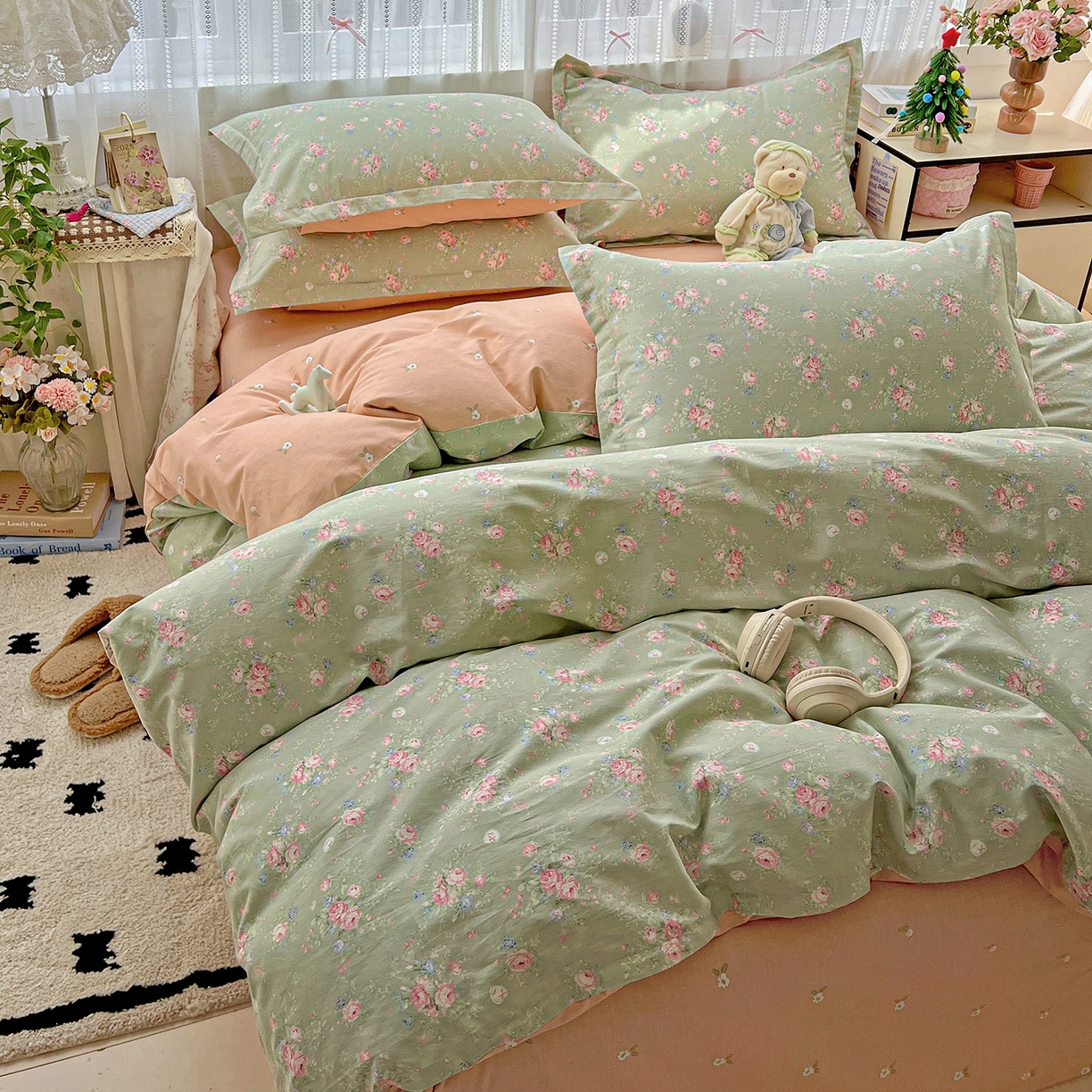 91家纺网 家纺一手货源 找家纺 依庭2025春夏新款12868全棉纯棉四件套 沐熙花-绿