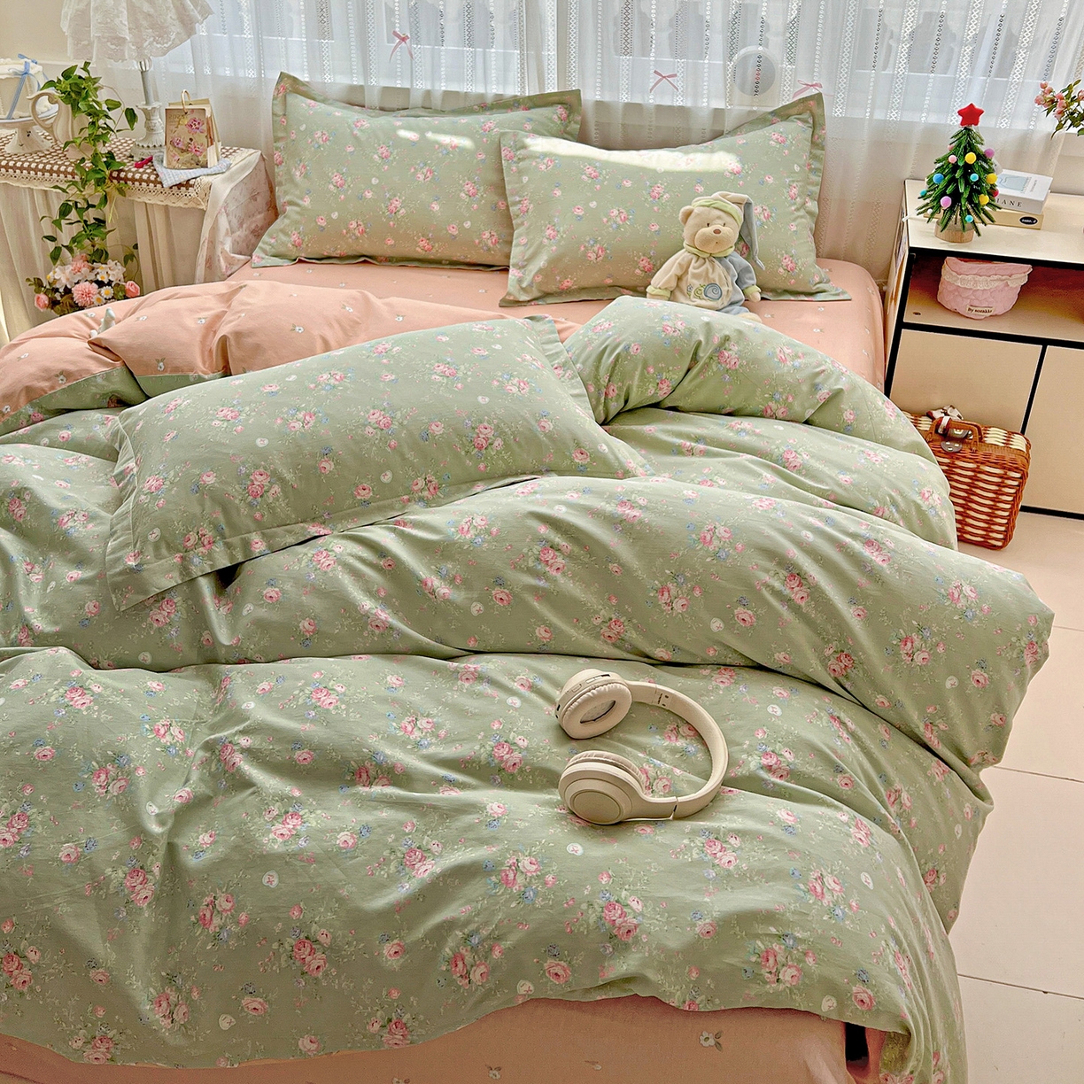 91家纺网 家纺一手货源 找家纺 依庭2025春夏新款12868全棉纯棉四件套 沐熙花-绿