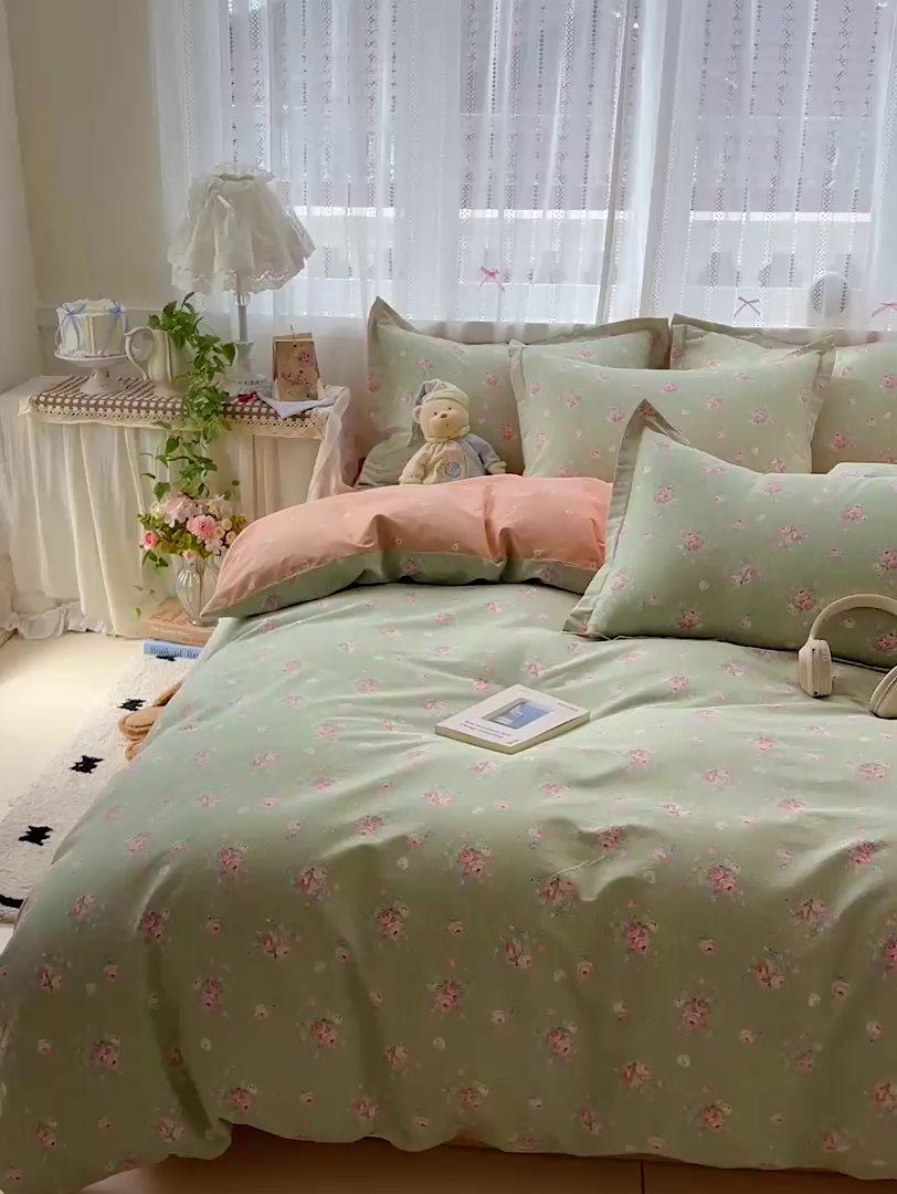 91家纺网 家纺一手货源 找家纺 依庭2025春夏新款12868全棉纯棉四件套 沐熙花-绿