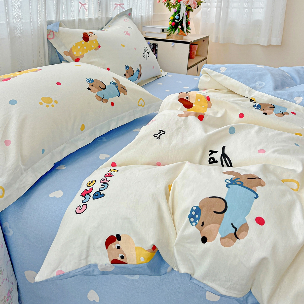 91家纺网 家纺一手货源 找家纺 依庭2025春夏新款12868全棉纯棉四件套 童趣蜜歌