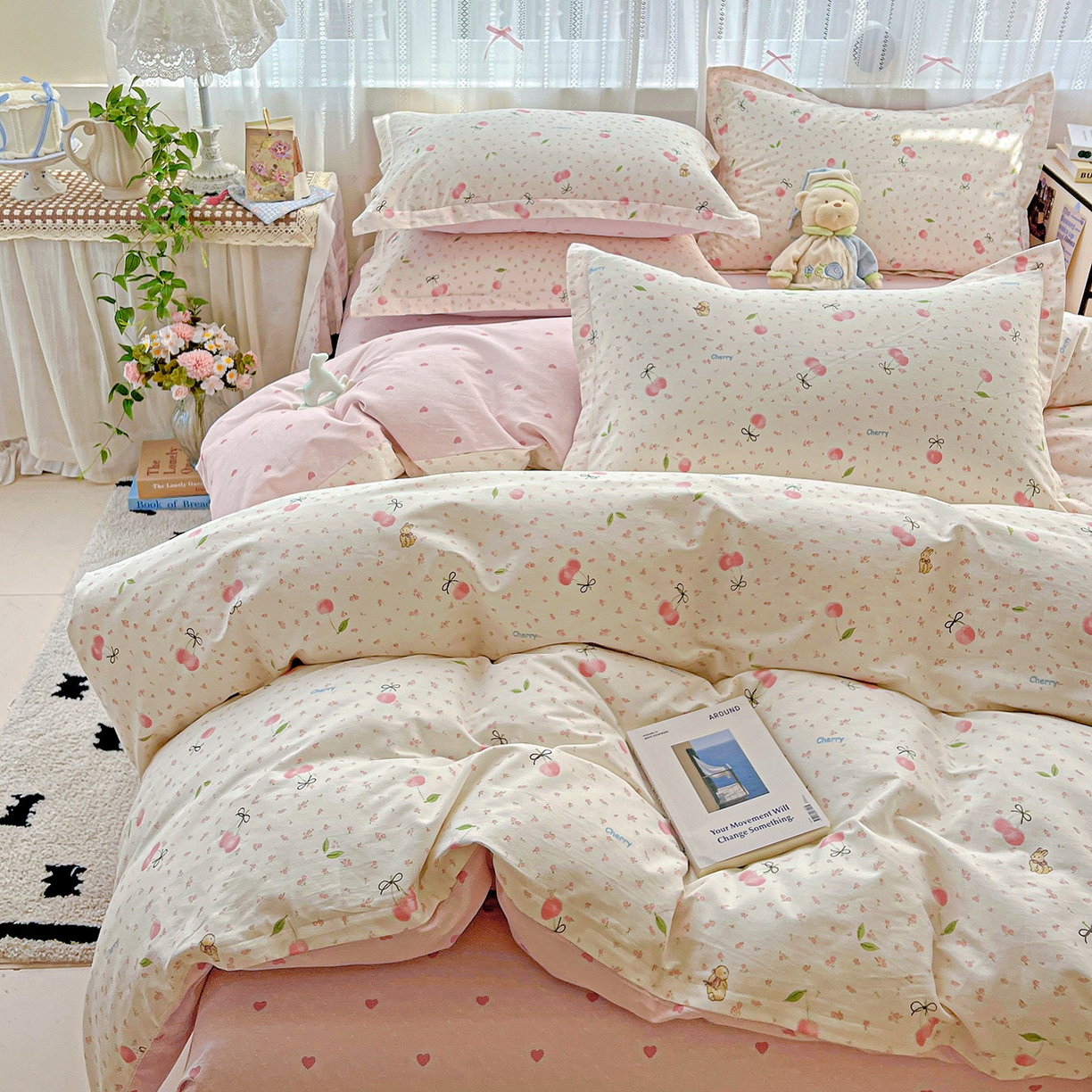 91家纺网 家纺一手货源 找家纺 依庭2025春夏新款12868全棉纯棉四件套 樱桃甜宠