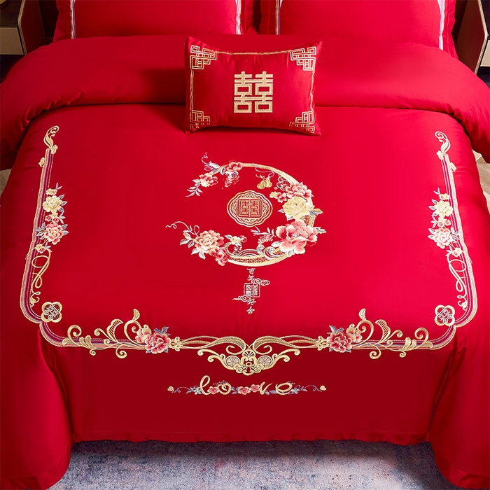 91家纺网 家纺一手货源 找家纺 （总）千禧 2023新款13372全棉跑量绣花婚庆套件多件套