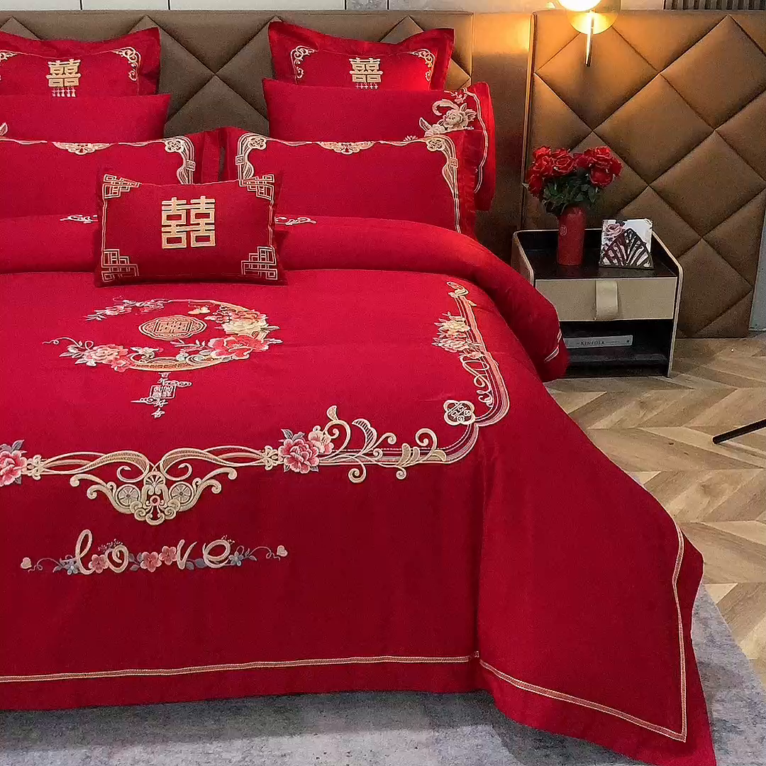 91家纺网 家纺一手货源 找家纺 （总）千禧 2023新款13372全棉跑量绣花婚庆套件多件套