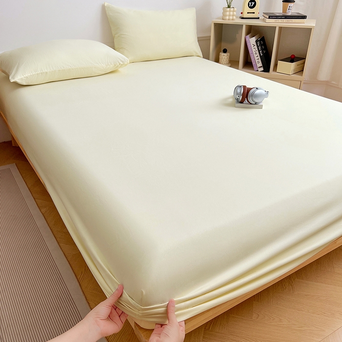 91家纺网 家纺一手货源 找家纺 彩韵家纺 2025新款亲肤舒适水洗m单床笠 奶黄