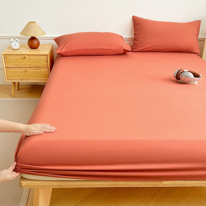 91家纺网 家纺一手货源 找家纺 彩韵家纺 2025新款亲肤舒适水洗m单床笠 落日橙