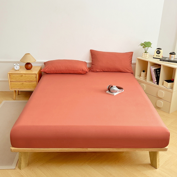 91家纺网 家纺一手货源 找家纺 彩韵家纺 2025新款亲肤舒适水洗m单床笠 落日橙