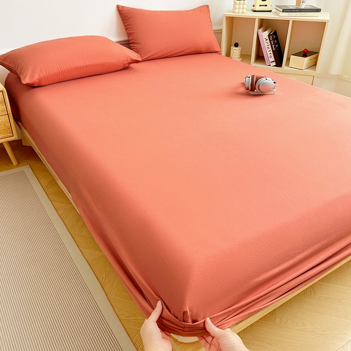 91家纺网 家纺一手货源 找家纺 彩韵家纺 2025新款亲肤舒适水洗m单床笠 落日橙