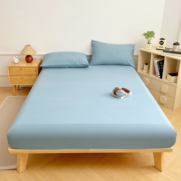 91家纺网 家纺一手货源 找家纺 彩韵家纺 2025新款亲肤舒适水洗m单床笠 奶油蓝