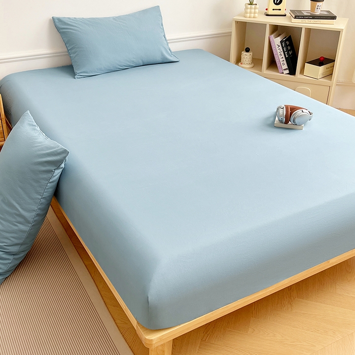 91家纺网 家纺一手货源 找家纺 彩韵家纺 2025新款亲肤舒适水洗m单床笠 奶油蓝