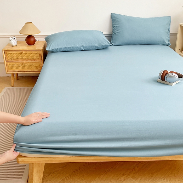 91家纺网 家纺一手货源 找家纺 彩韵家纺 2025新款亲肤舒适水洗m单床笠 奶油蓝