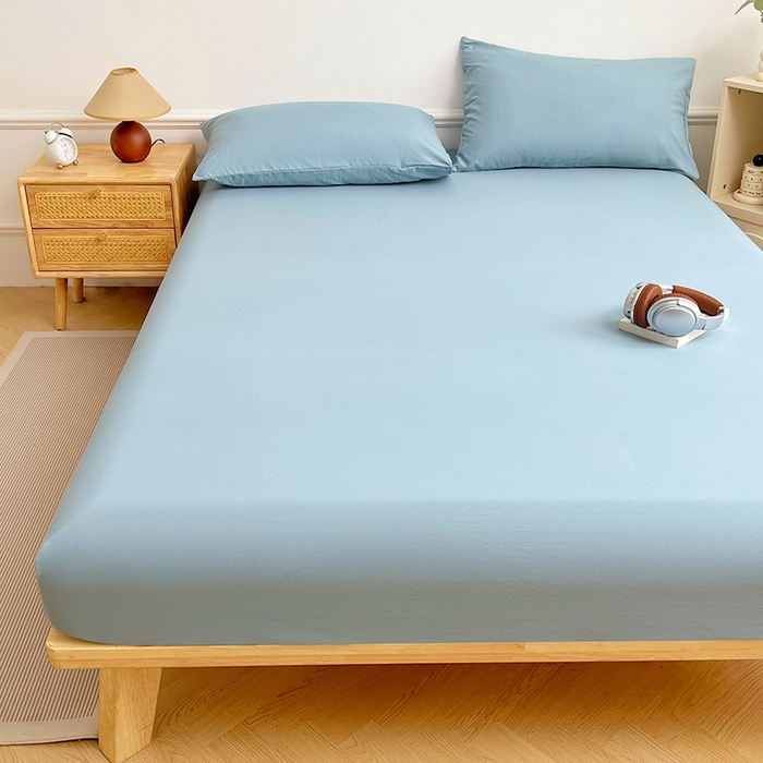 91家纺网 家纺一手货源 找家纺 彩韵家纺 2025新款亲肤舒适水洗m单床笠 奶油蓝