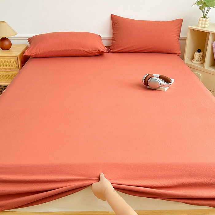 91家纺网 家纺一手货源 找家纺 彩韵家纺 2025新款亲肤舒适水洗m单床笠 落日橙