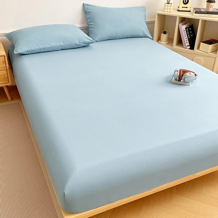 91家纺网 家纺一手货源 找家纺 彩韵家纺 2025新款亲肤舒适水洗m单床笠 奶油蓝