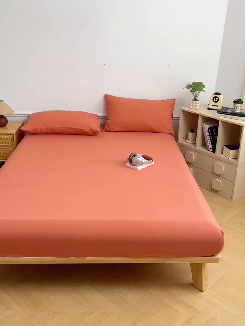 91家纺网 家纺一手货源 找家纺 彩韵家纺 2025新款亲肤舒适水洗m单床笠 落日橙