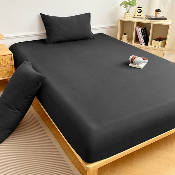 91家纺网 家纺一手货源 找家纺 彩韵家纺 2025新款亲肤舒适水洗m单床笠 耀夜黑