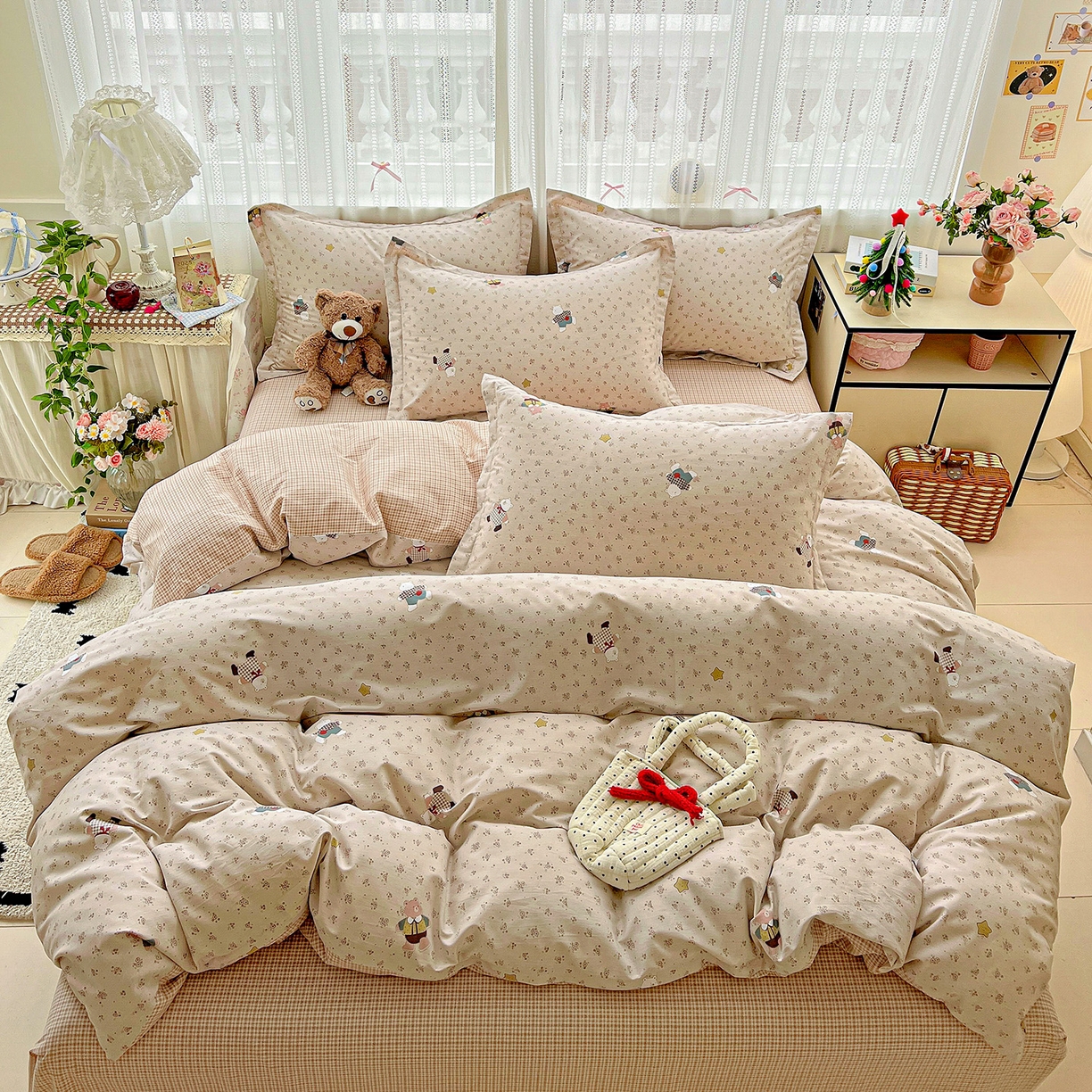 91家纺网 家纺一手货源 找家纺 依庭 2025春夏新款12868全棉纯棉印花卡通系列单被套 被套单件 莱迪熊-粉