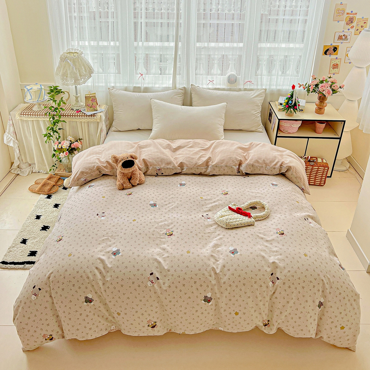 91家纺网 家纺一手货源 找家纺 依庭 2025春夏新款12868全棉纯棉印花卡通系列单被套 被套单件 莱迪熊-粉