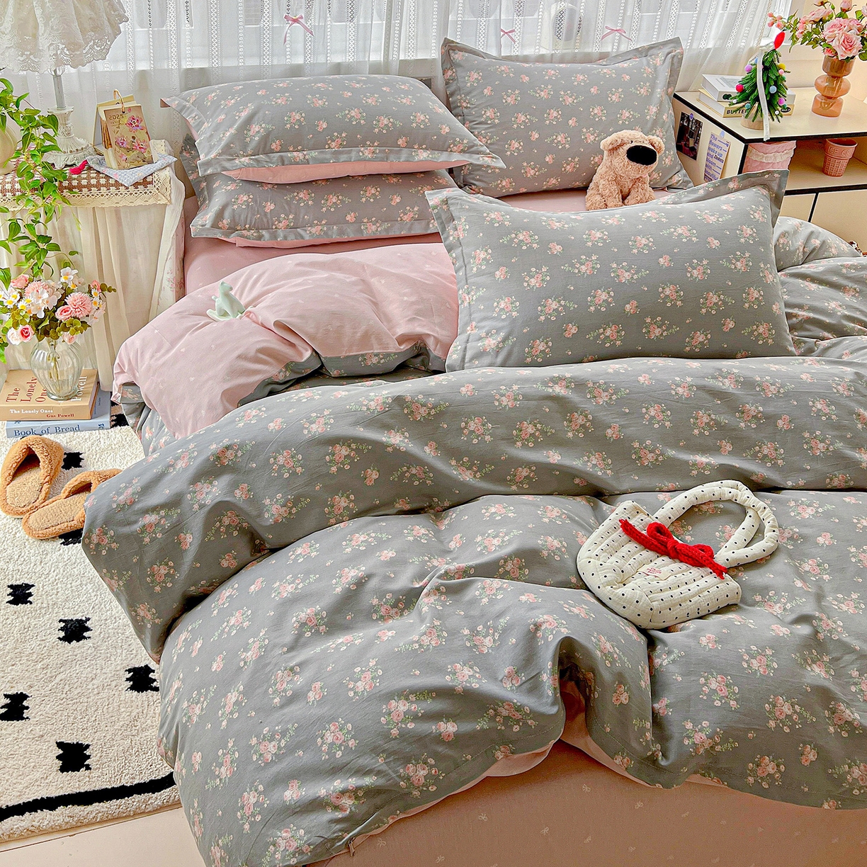 91家纺网 家纺一手货源 找家纺 依庭 2025春夏新款12868全棉纯棉印花卡通系列单被套 被套单件 茉婉-灰