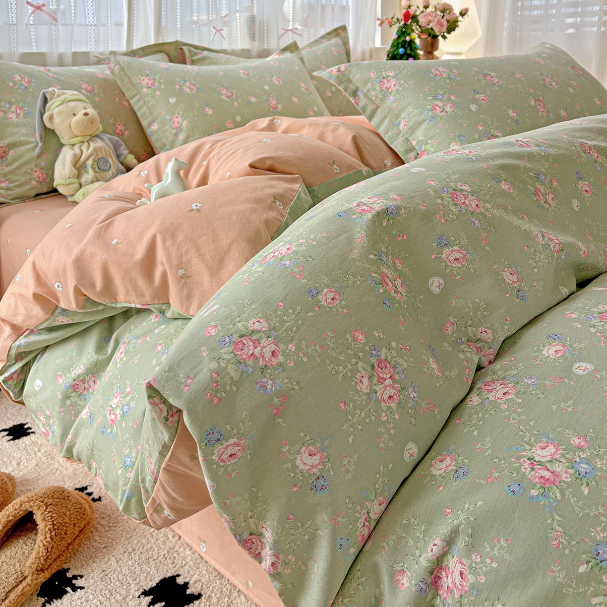 91家纺网 家纺一手货源 找家纺 依庭 2025春夏新款12868全棉纯棉印花卡通系列单被套 被套单件 沐熙花-绿