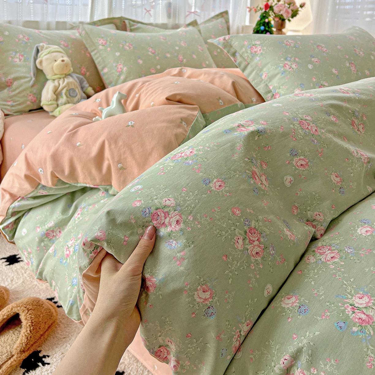 91家纺网 家纺一手货源 找家纺 依庭 2025春夏新款12868全棉纯棉印花卡通系列单被套 被套单件 沐熙花-绿