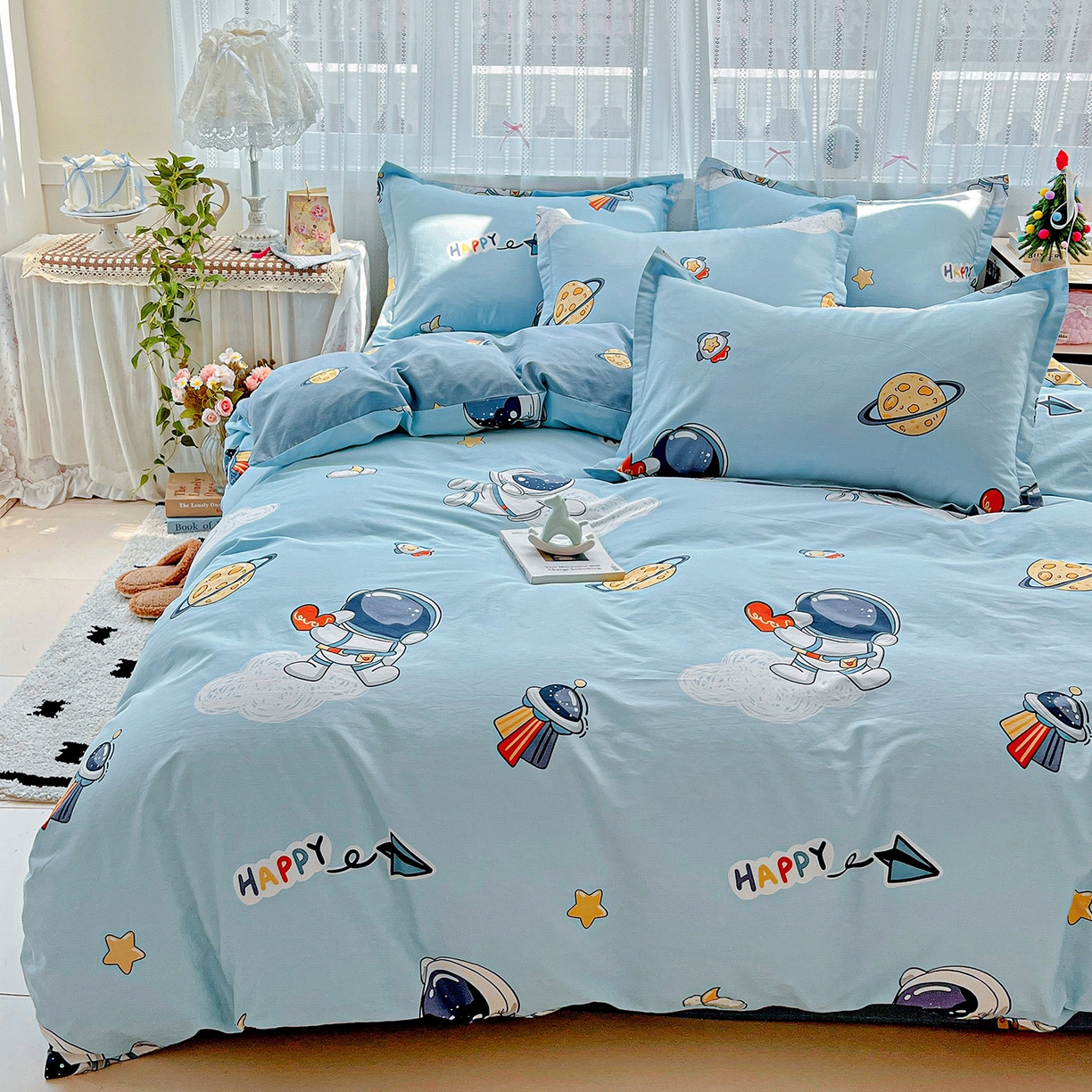91家纺网 家纺一手货源 找家纺 依庭 2025春夏新款12868全棉纯棉印花卡通系列单被套 被套单件 太空奇遇