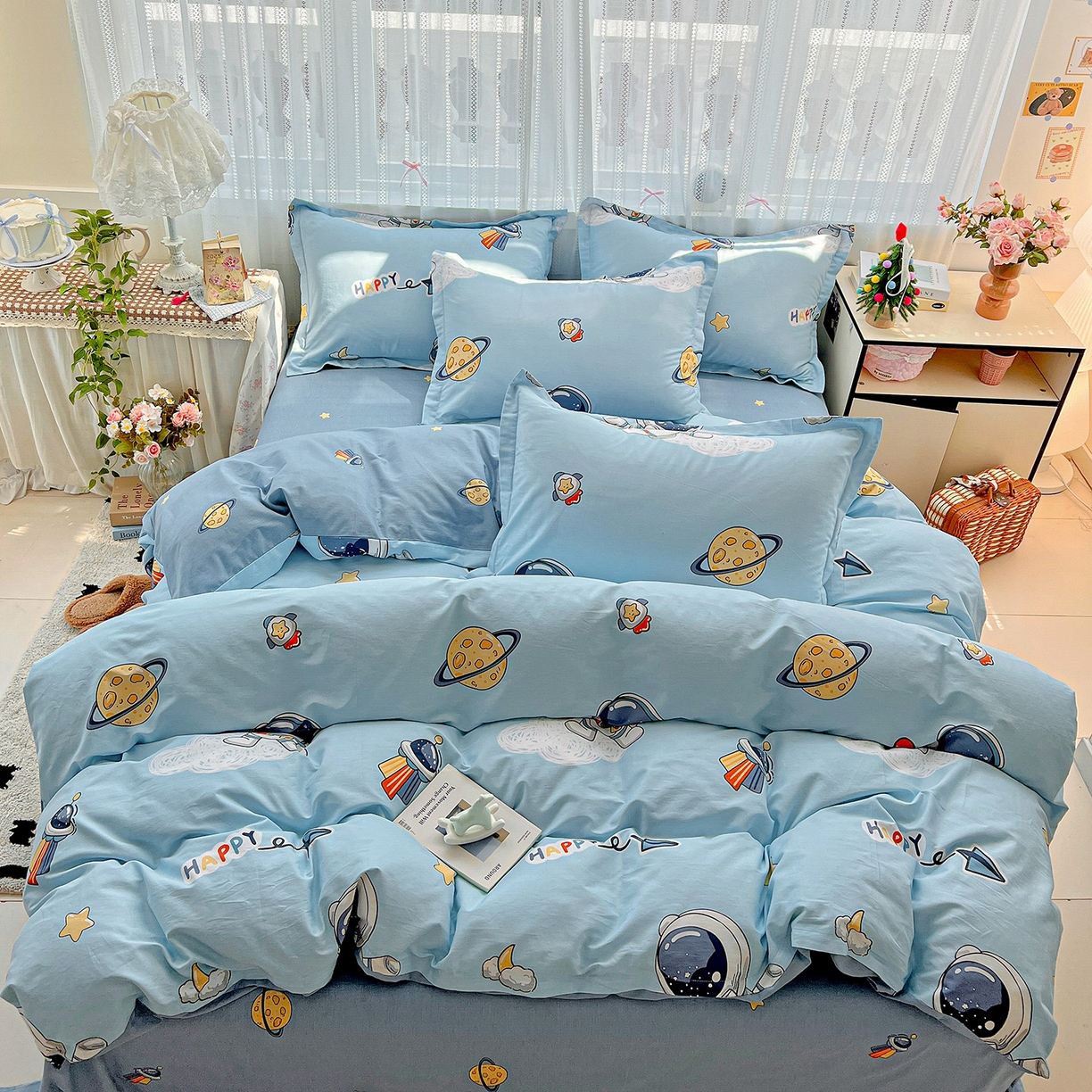 91家纺网 家纺一手货源 找家纺 依庭 2025春夏新款12868全棉纯棉印花卡通系列单被套 被套单件 太空奇遇