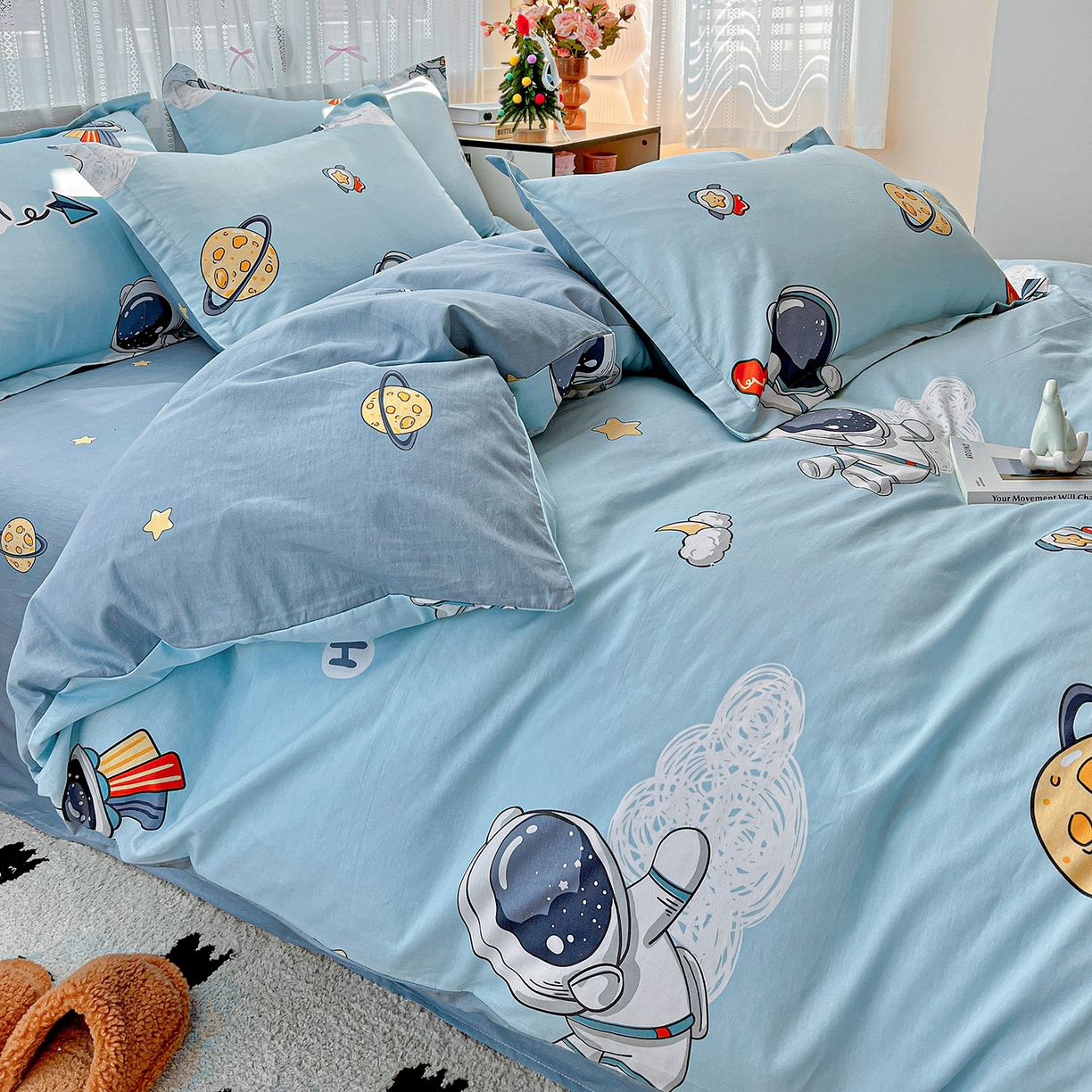 91家纺网 家纺一手货源 找家纺 依庭 2025春夏新款12868全棉纯棉印花卡通系列单被套 被套单件 太空奇遇