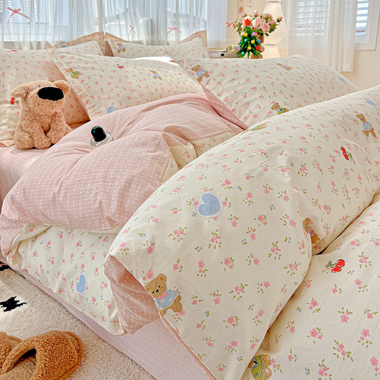 91家纺网 家纺一手货源 找家纺 依庭 2025春夏新款12868全棉纯棉印花卡通系列单被套 被套单件 小熊慕斯