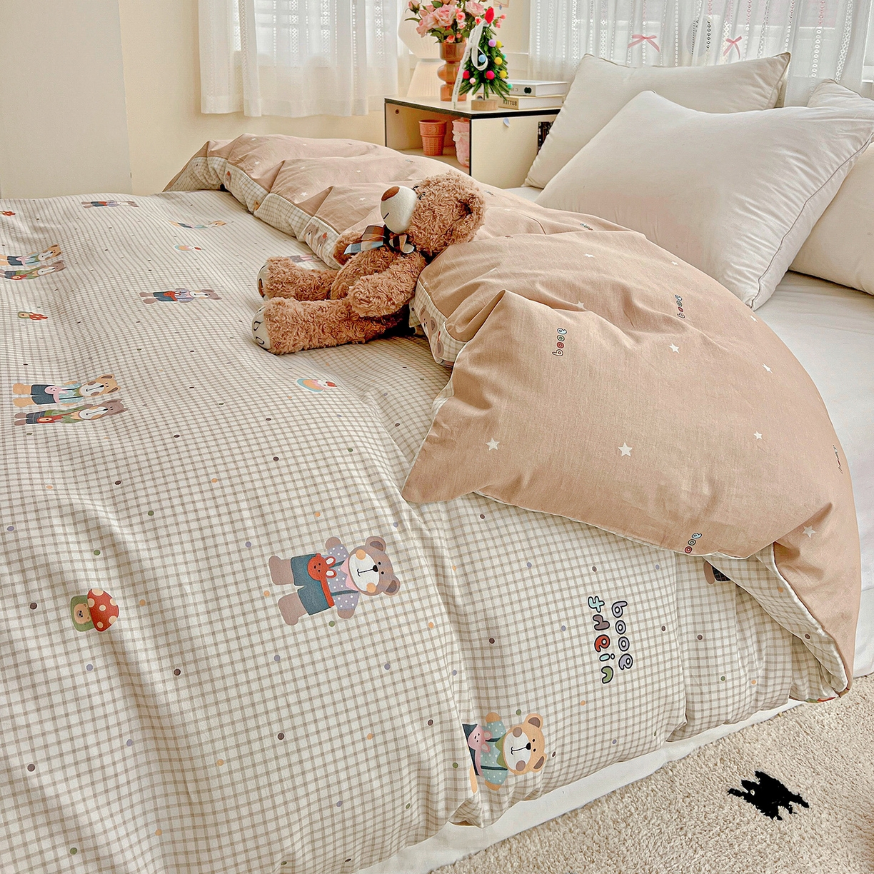 91家纺网 家纺一手货源 找家纺 依庭 2025春夏新款12868全棉纯棉印花卡通系列单被套 被套单件 小熊系铃