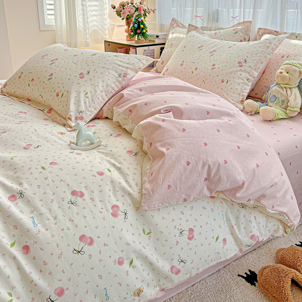 91家纺网 家纺一手货源 找家纺 依庭 2025春夏新款12868全棉纯棉印花卡通系列单被套 被套单件 樱桃甜宠