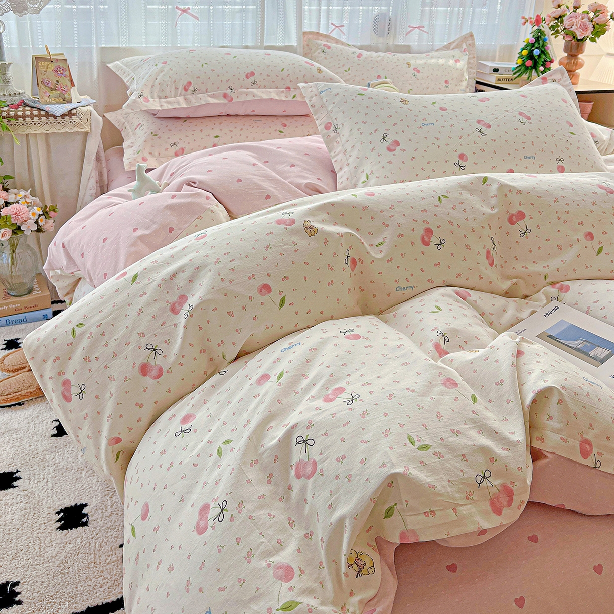 91家纺网 家纺一手货源 找家纺 依庭 2025春夏新款12868全棉纯棉印花卡通系列单被套 被套单件 樱桃甜宠