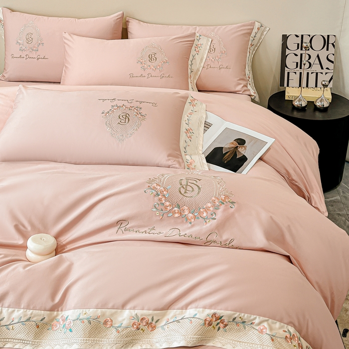 91家纺网 家纺一手货源 找家纺 桃园 2025新款纯棉全棉长绒棉刺绣绣花四件套（高端礼盒）-叶语 叶语-轻奢粉