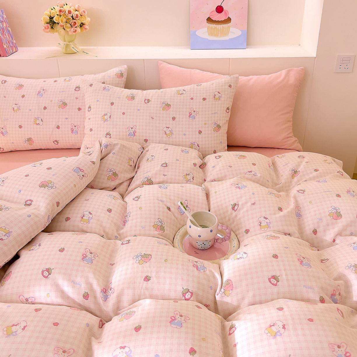 91家纺网 家纺一手货源 找家纺 DoDo 兜兜 2025新款全棉纯棉小温暖双层纱四件套【可定做尺寸】 格子兔