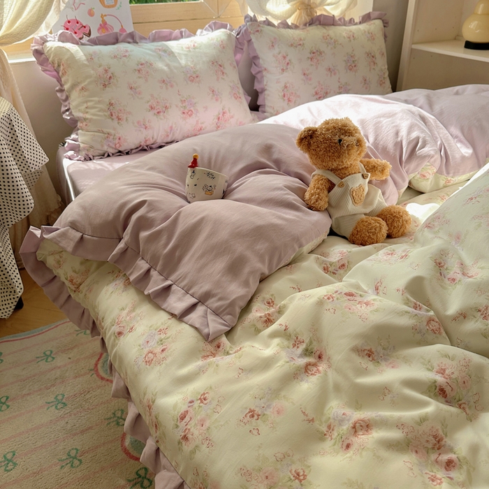 91家纺网 家纺一手货源 找家纺 韩巢家纺 2025新款针织双层纱花边款被套直播热销款四件套学生宿舍床单三件套-（提供卖家秀）悠然绿